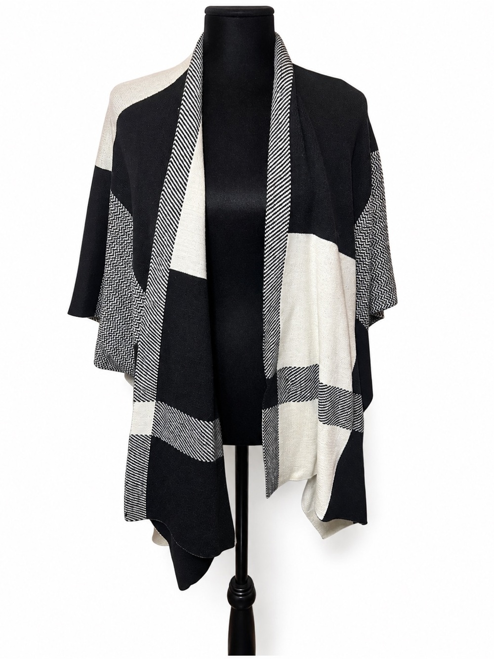 Willi Smith Wool Plaid Poncho | Black Cream | Colorblock Shawl | Large